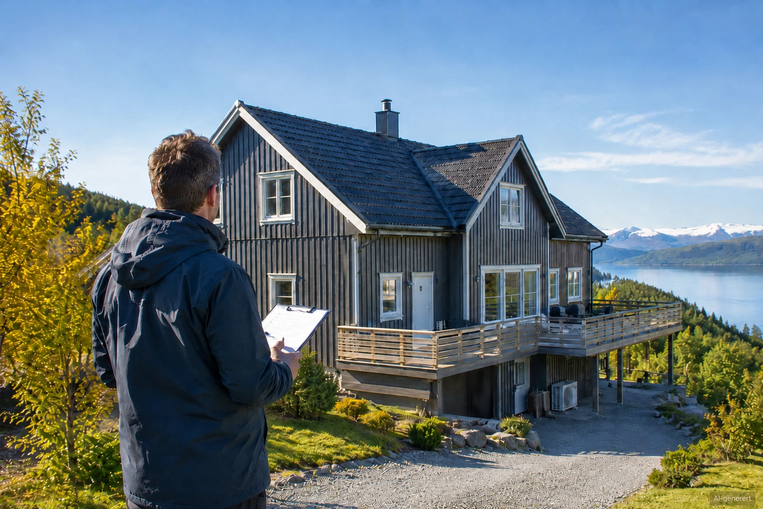 Takstmann inspiserer norsk bolig med fjord i bakgrunnen